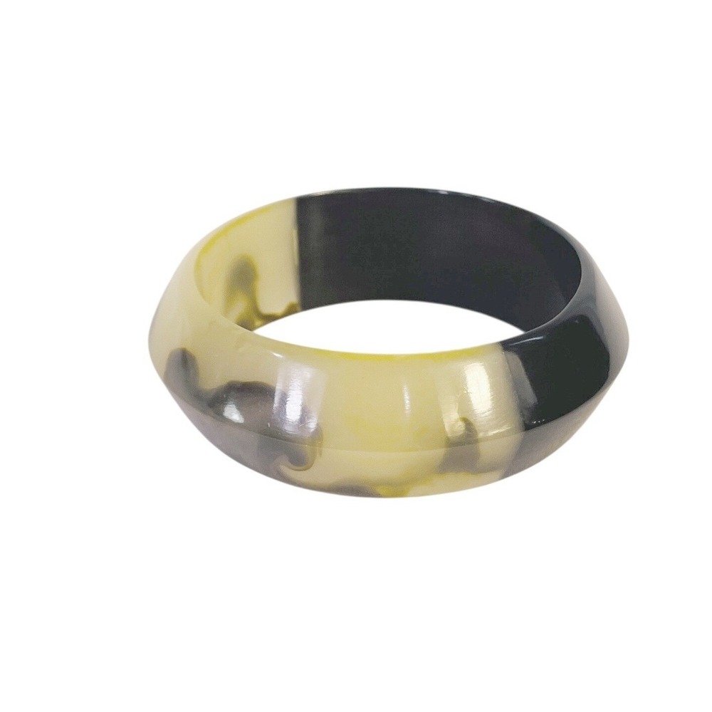 Vintage Chunky Mod Lucite Bangle Bracelet Black Amber Marbled Acrylic Statement - Picture 7 of 14